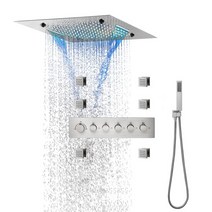 해바라기샤워기수전 고급스러운 대형 브러시드 니켈 20 인치 레인 5 기능 샤워 세트 온도 조절 욕실 목욕 탭 LED 음악 샤워기, 3.Brushed Nickel A - Touch Pan