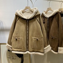 레트로 여성 양모 양면 후드 무스탕 스웨이드 하프 공항패션 30대 40대 루즈핏 따뜻한 아우터 점퍼