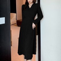 넷투넷코리아 여성 V넥 벨트 니트 롱원피스 심플 플리츠 하객룩