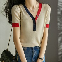 케이에비뉴 배색 브이넥 반팔 니트 블라우스