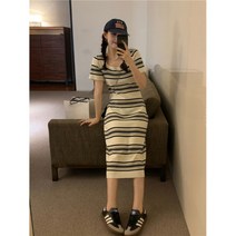 한국 줄무늬 반팔 니트 드레스 여성의 여름 느슨한 슬리밍 캐주얼 게으른 스타일 중간 길이 드레스