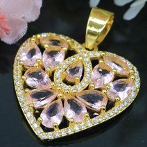 CZ 여성 데이트용 하트 모양 펜던트 핑크 쿤자이트 화이트 14k 골드 실버 31x24mm 3.2g