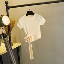 여성 반팔 라운드 크롭 니트티 그린 아이스 실크 티셔츠 여성용 여름 넥 하이 웨이