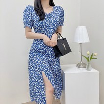 VANANA2 여름 반팔원피스 브이넥 퍼프소매 플라워 원피스 쉬폰 롱원피스 데일리 스타일 여성복