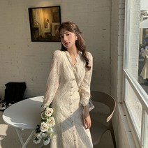 겨울원피스 여성롱원피스 긴 소매 여름 레이스 드레스 여성 미디 화이트 v-목 신사 숙녀 한국어 우아한 원피스 이브닝 2022