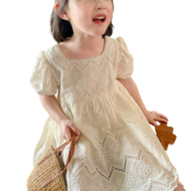 도오빠 여아 원피스 레이스 면 반팔 스퀘어넥 펀칭 드레스 공주옷 여름 레이스원단 키즈 아동 스커트 ~140