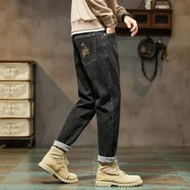 YAPOGI 봄가을 스판 데님 팬츠 남성 블랙 그레이 엣지 자수 일자 팬츠