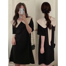 여성 베이비돌 배색 둥근 카라 왕리본 미디 원피스 빅사이즈 루즈핏 통통 데일리룩