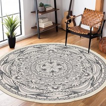 HEBE 4 피트 원형 보헤미안 만달라 핸드 우븐 러그, Exotic Floral-grey, 4 ft Diameter