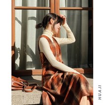 브이넥나시원피스 화길 Q178 귤색 마모감 클래식 체크 줄무늬 허리보정 슬림핏 런닝 여성 겨울 가을 2166985576
