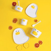 귀여운 오리 옐로우 도자기 식기 세트 7종 키즈식기 티스푼 접시 그릇 머그컵, 오리앞접시