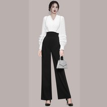 여성용 정장 초가을 세련된 긴팔 틈새 전문 셔츠 하이 웨이스트 블랙 긴 롱원피스