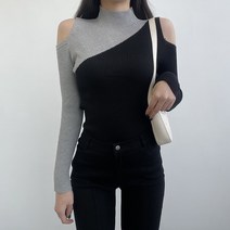 VANANA2 여성 봄 가을 겨울 사선 어깨 트임 배색 니트
