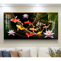 연꽃을 품은 비단 잉어 구어도 보석십자수 대형 사이즈 연못 풍경 diy 키트, 180X80CM