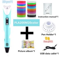 어린이를 위한 3D 펜 PLA 1.75mm 필라멘트 장난감 3D 드로잉 인쇄 펜 LCD 화면 수제 DIY 선물, Pla filagment, Blue 200M20color_CHINA