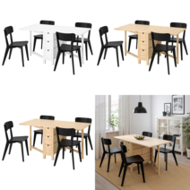 이케아 4인용 식탁세트 NORDEN 노르덴/LISABO 리사보 테이블+의자4 자작나무/블랙 26/89/152 cm