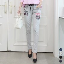 디즈니 스판 허리밴딩 데님 팬츠 중년 여성 러블리덕 캐릭터 자수 청바지 summer jeans