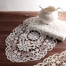[살림일기] 블루밍 플라워 레이스 타원 매트 테이블 식탁 러너 (2size 2color), 대 size, 아이보리