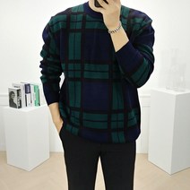 로니제이 남자 루즈핏 배색 사각 체크 라운드 니트