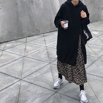[리즈무드] 트임 레오파드 배색 후드 기모 원피스