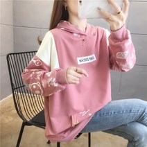 면 빅사이즈 여성 봄가을 얇은 긴팔 맨투맨 여한국판 루즈핏 패치워크 상의 인플루언서
