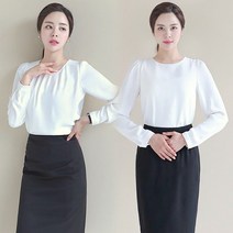 화이트 면접블라우스 여자면접복장 라운드넥 셔링 쉬폰 기본 상의 정장블라우스 여성남방 긴팔 44-100더웨이나인 44-100 247349