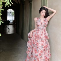 휴양지원피스 드레스 여성 여름 허리 케이크 스커트 홀터넥 넥 홀리데이 비치 롱 태교여행