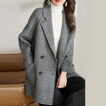[오버나인] 여성 데일리 체크 울터치 루즈핏 더블코트