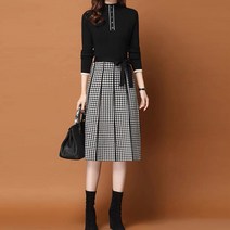 다이뻐 리틀깽스 부드러운촉감 결혼식하객패션 슬림 리본 주름 플리츠 체크 니트 롱 미디원피스