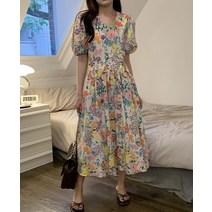 여름 플라워 로크 브이넥 퍼프소매 반팔 원피스 여행 휴양지 제주도여행