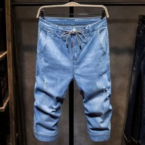 남자청반바지 와이드 흑청 데님반바지 탄성 허리 데님 반바지 남자 구멍 캐주얼 레저 남성 찢어진 짧은 청바지 의류 코튼