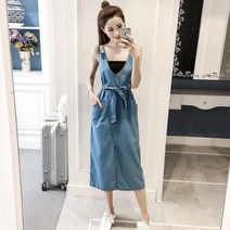 포린박스 브이넥 서스펜더 스트랩 데님 나시 롱 원피스 SH