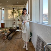 네쥬 여성 봄 가을 오버핏 반오픈 롱 셔츠 원피스