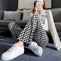 간지나는댄스걸 방송댄스복 힙한팬츠와이드 레그 Palazzo 여름 여성용 격자 무늬 체크 팬츠 플레어 레깅스