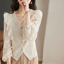 옷자락 여성 펀칭 버튼 레이스 소매 브이넥 봄패션 블라우스