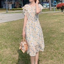 잇츠스타일 여성 라운드넥 어깨 트임 프릴 연노랑 꽃무늬 쉬폰 미디원피스