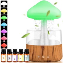Mriykio 정품 Rain Cloud Humidifier Water Drip Mushroom Diffuser with Essential Oils Raining Night Li, Wood