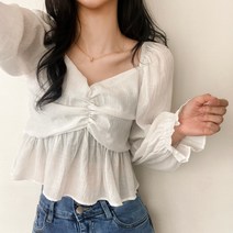 더핑크 / [더핑크] 멜랑 크롭 셔링 하트넥 스모크 블라우스