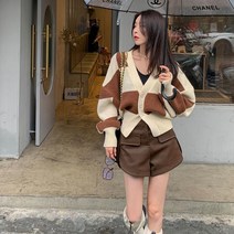 체스체크 니트 여성 올가을 긴팔 V넥 스웨터 코트 나른한 바람 루즈한 겉옷