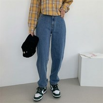 셀러허브(잡화) 여자 보이프렌드핏 맘진 일자 통 데님 팬츠 청바지
