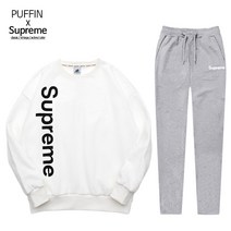 [Supreme] 남여공용 오버핏 맨투맨+트레이닝팬츠 세트_슈프림 세로로고