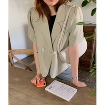 썸머바이브 여성 면마 퍼프 소매 반팔 더블 숏 자켓 크롭 자켓