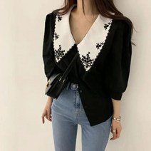여성용 피터 팬 칼라 짧은 퍼프 소매 셔츠 트렌디 자수 레트로 우아한 올매치 10 대 스트리트웨어 블라우스 페어리 얼짱