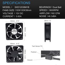 욕실온풍기 욕실난방기 전기온풍기 방수 120mm 12cm(120X120X38mm) 냉각 팬 DC12V 3600RPM 높은 공기 흐름, 한개옵션0