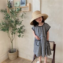 PigPug 여자 어린이 스커트 체크 숄더 소매 원피스 공주 스커트