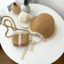 소소키즈 여아용 여행 바캉스 나들이 썬햇 썬캡 햇빛차단 벙거지 챙모자 레이스 밀짚모자+가방 세트