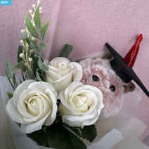 졸업식 비누꽃다발 인형꽃다발 유치원 학예회 6학년 졸업식 재롱잔치 입학 졸업 인형 꽃다발 토끼 곰인형 학사모쿼카 키링, 잎사귀 학사모 쿼카, 미니