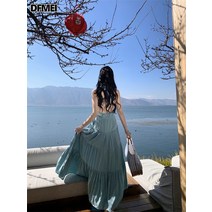 DFMEI 초선해변 바캉스 홀터넥 원피스 여ins조산야 여행 코디 사진 오프닝 비치 스커트