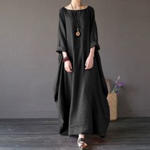 SURBORT 심플 면 마 원피스 칠부 소매 루즈핏 날씬해 보이는 롱스커트