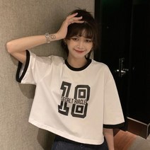 안나리야 루즈핏 배색 레터링 숫자 크롭 숏 반팔 티셔츠 SY